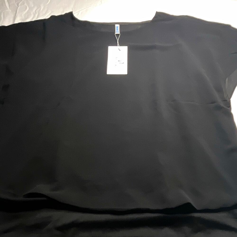 Nelineiwu Women’s 2XL Black Solid Chiffon Round Neck Short Sleeve Blouse(137)